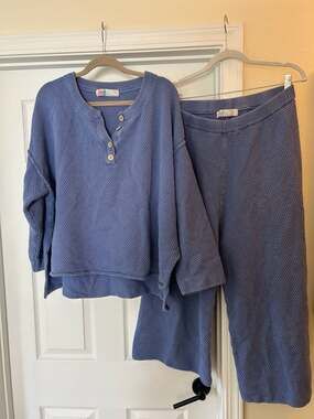 Free People Beach Hailee Waffle Knit Henley and Wide Leg Pants Sweater Set